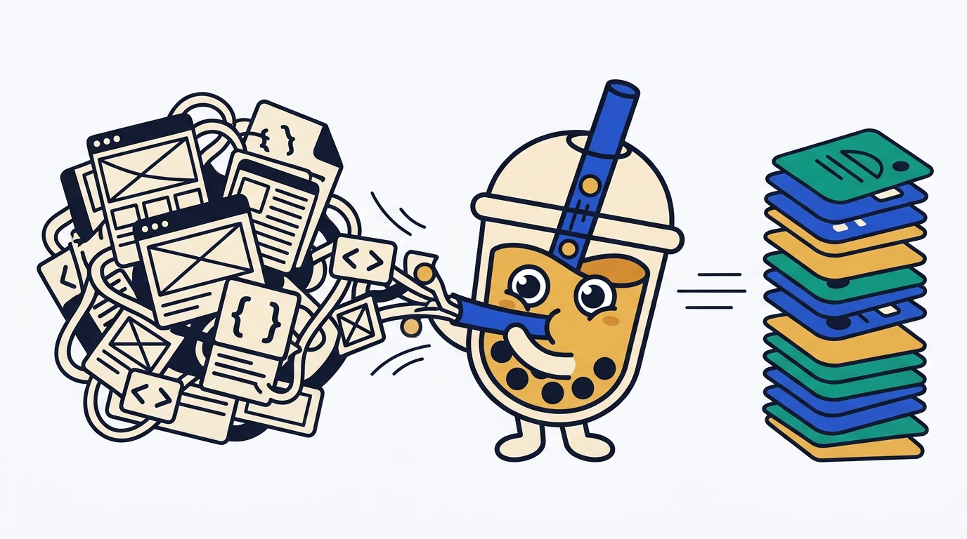 Slurpy, the GetSlurp mascot, turning a tangle of raw web pages into clean, structured cards